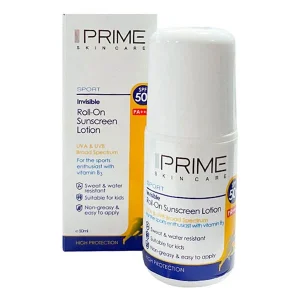 لوسیون ضدآفتاب پرایم مدل Sport Invisible Roll-On حجم 50ml با SPF 50 و +++PA, محافظت قوی در برابر اشعه UVA و UVB، ضد آب، فاقد چربی و سفیدک، حاوی ویتامین B3 و E، مناسب صورت و بدن و انواع پوست، ضد چروک و پیری